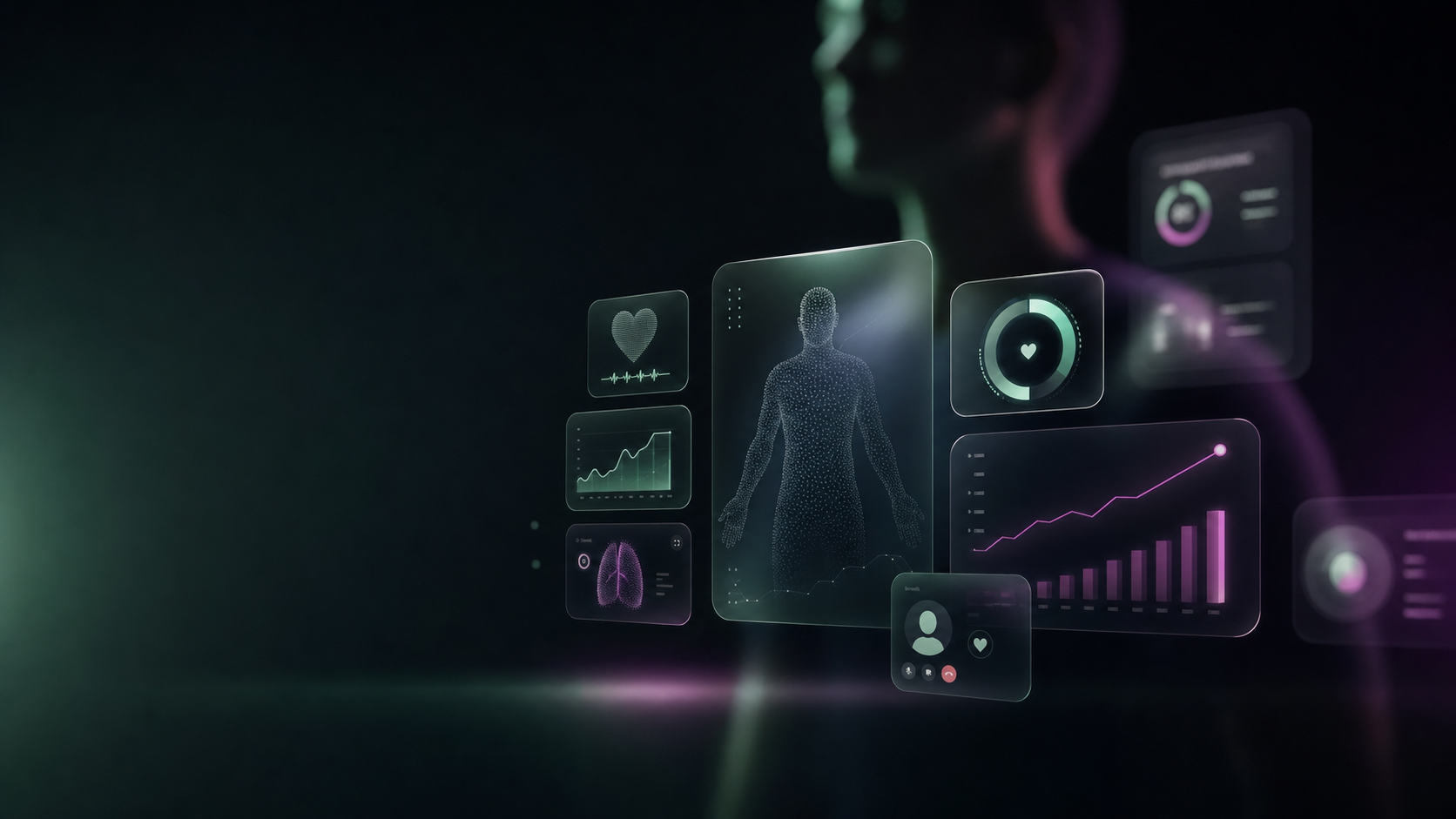 Interface médica futurista com dados de saúde flutuando